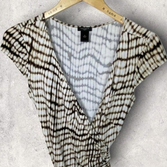 Ann Taylor Animal Print Wrap Dress Midi Belt‎ Tie Waist XS Brown White V-Neck - Picture 7 of 15